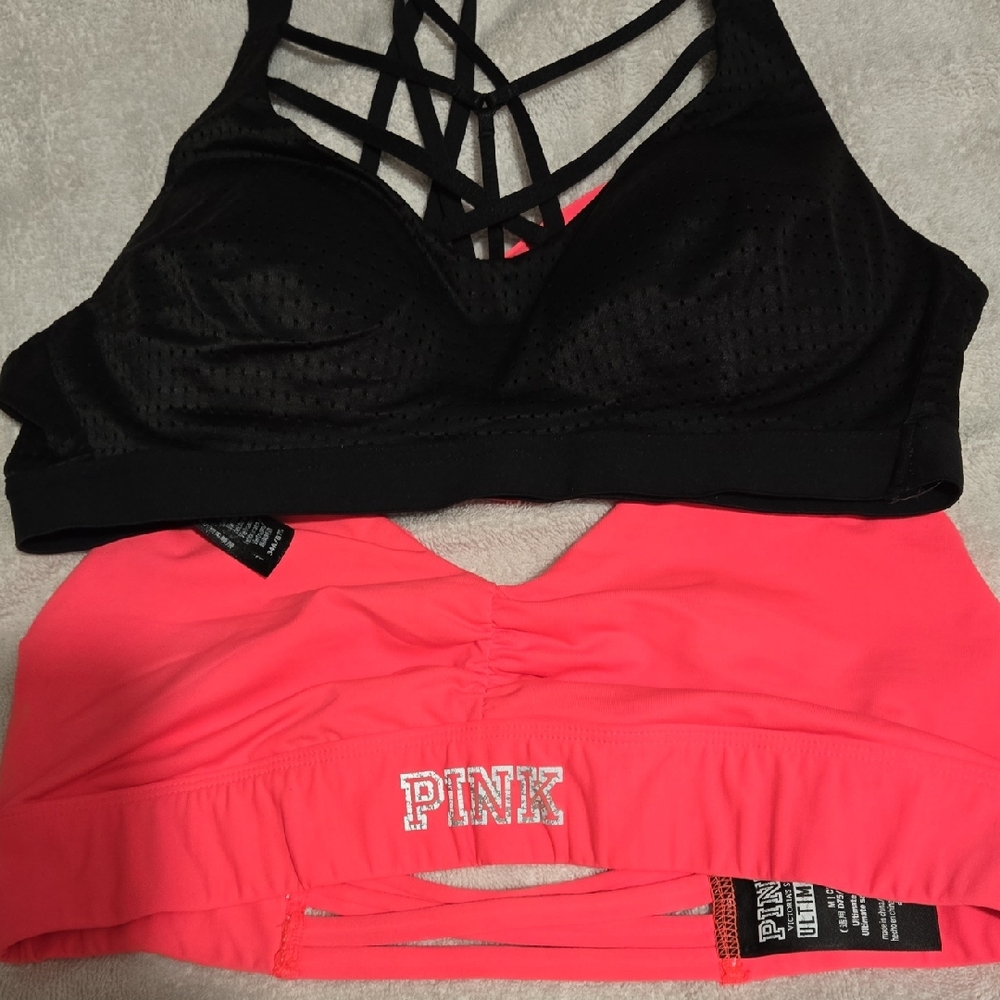 PINK Victoria's Secret Black and Pink Strappy Sports Bra